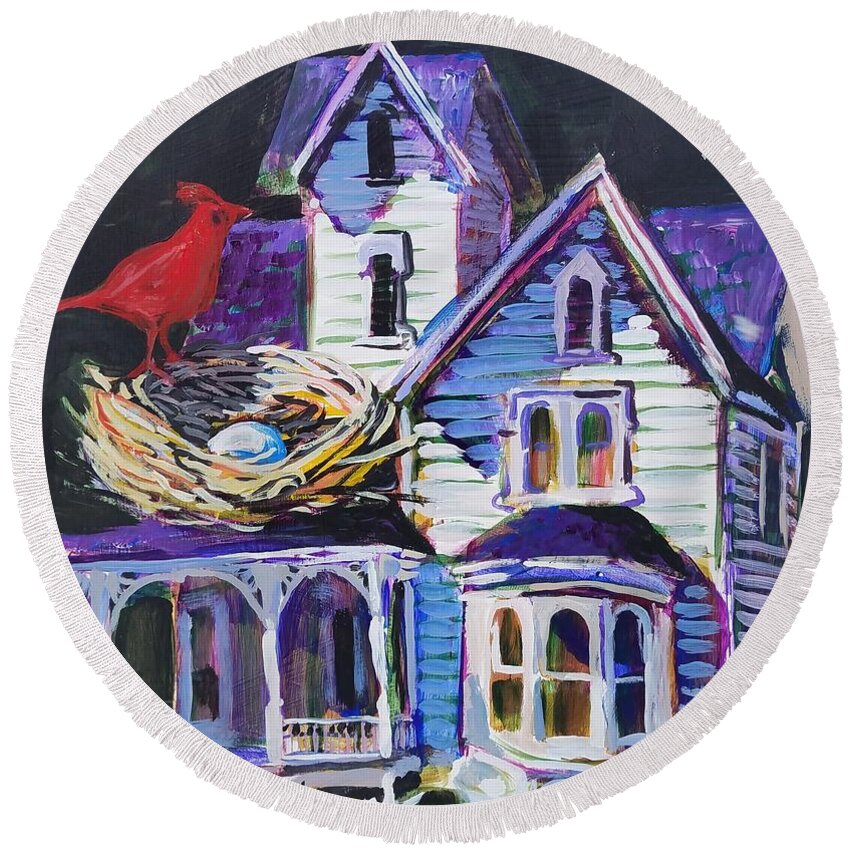 Victorian House Round Beach Towel featuring the painting Red Cardinel Victorian by Tilly Strauss