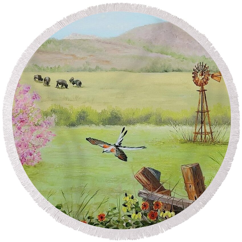 Oklahoma Scene Round Beach Towel featuring the painting Red Dirt Redering by Connie Rish