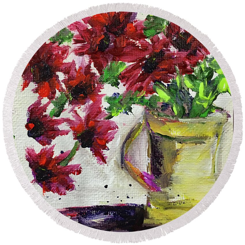 Red Flowers Round Beach Towel featuring the painting Red Flowers in a Yellow Pitcher by Roxy Rich