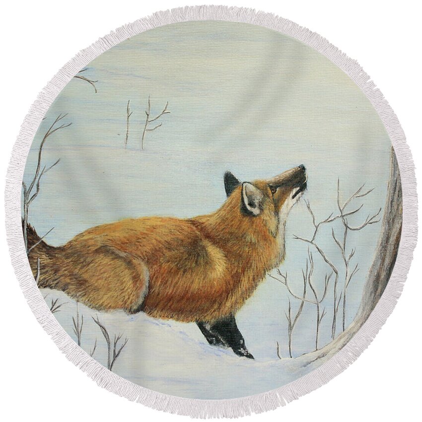 Fox Round Beach Towel featuring the painting Red Fox by Shirley Dutchkowski