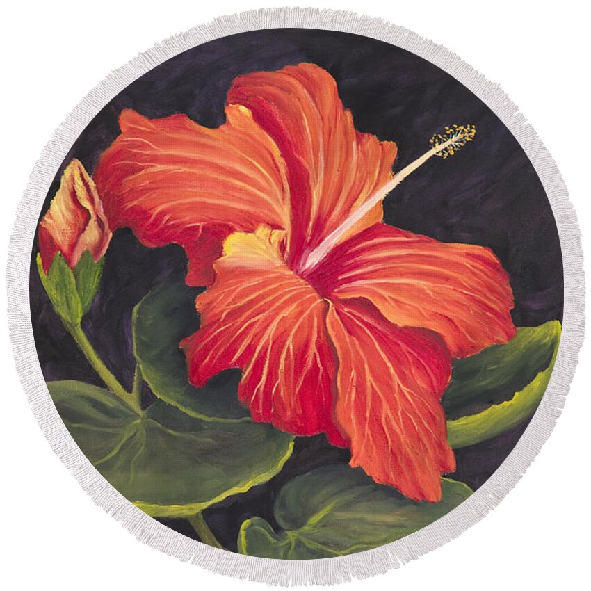 Tropical Flower Round Beach Towel featuring the painting Red Hibiscus by Darice Machel McGuire