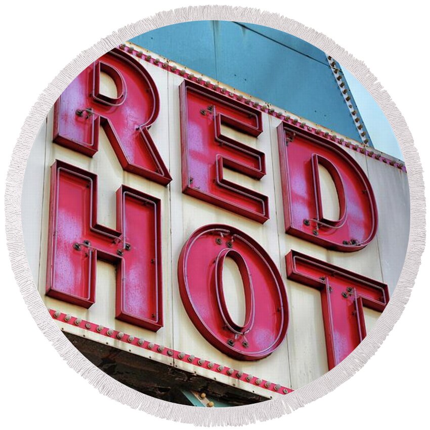 Red Hot Round Beach Towel featuring the photograph Red Hot Truck Stop Sign by Jim Albritton