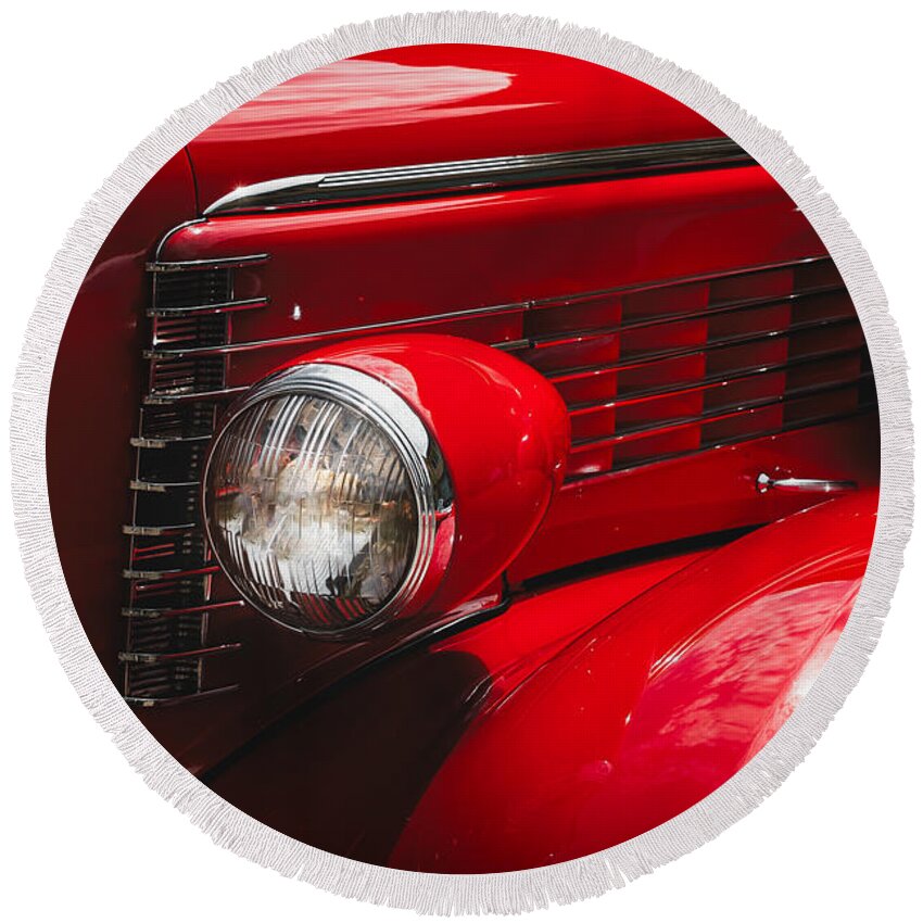 Classic Car Round Beach Towel featuring the photograph Red Lasalle by Carrie Hannigan