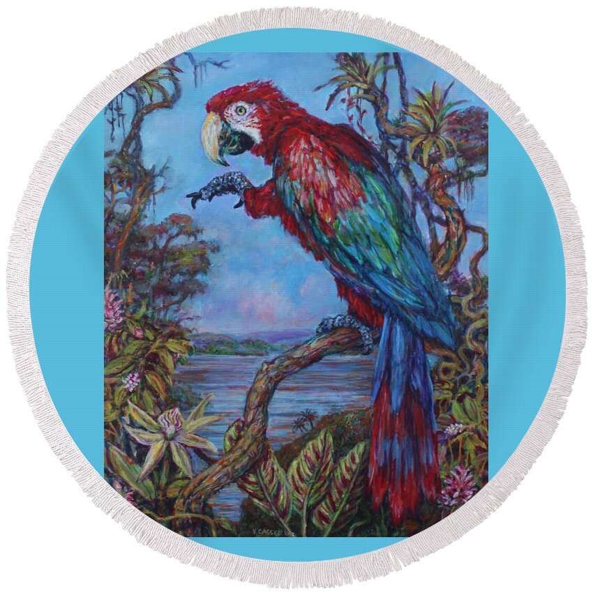 Parrot Round Beach Towel featuring the painting Red Macaw by Veronica Cassell vaz