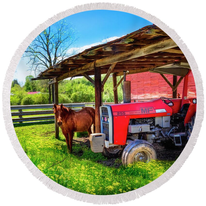 255 Round Beach Towel featuring the photograph Red Massey Ferguson Tractor at the Farm by Debra and Dave Vanderlaan