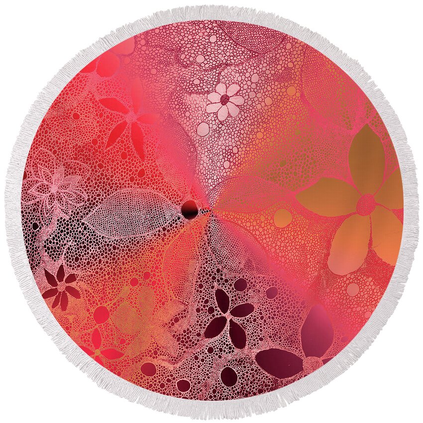 Flower Round Beach Towel featuring the mixed media Red Mist Flowers In Lace by Melinda Firestone-White