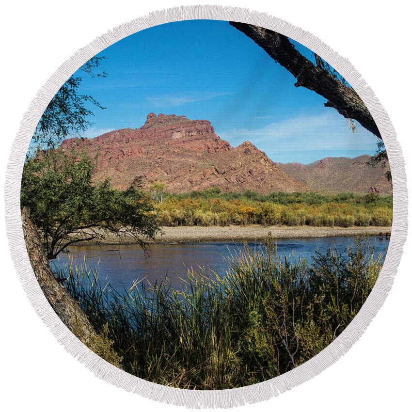 Arizona Round Beach Towel featuring the photograph Red Mountain Through the Trees by Kathy McClure