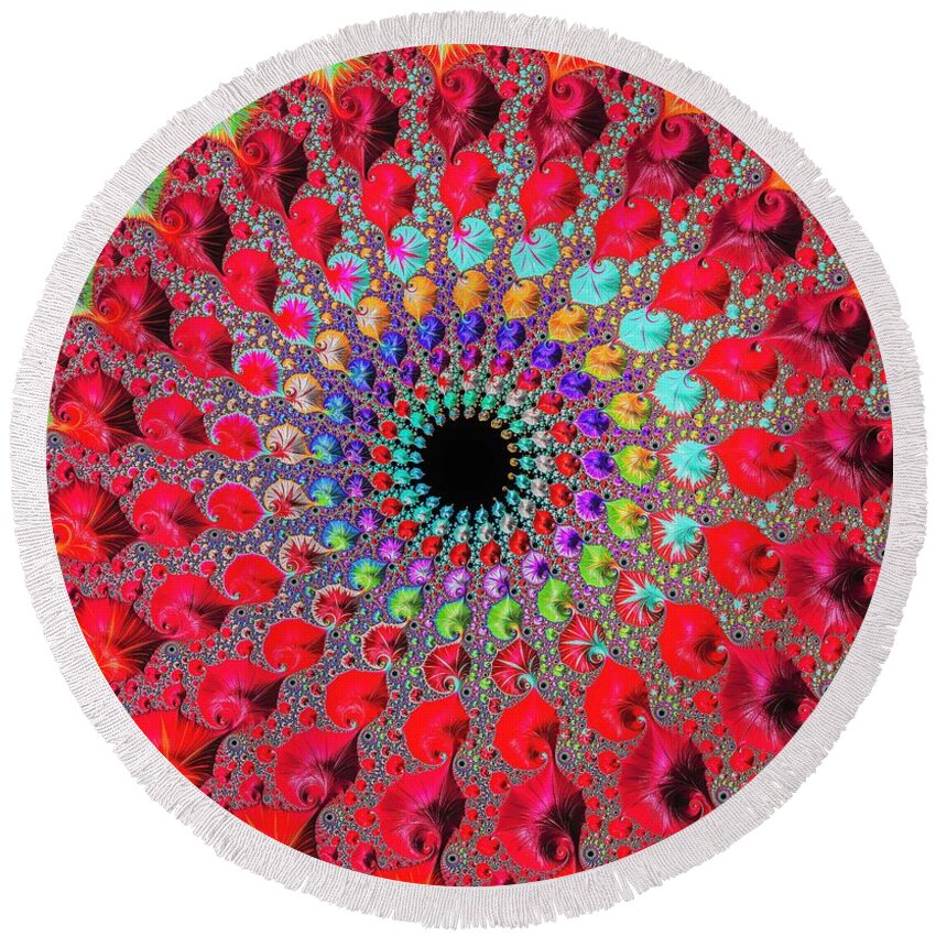 Psychedelic Colourful Fractals Round Beach Towel featuring the digital art Red Rainbow by Vickie Fiveash