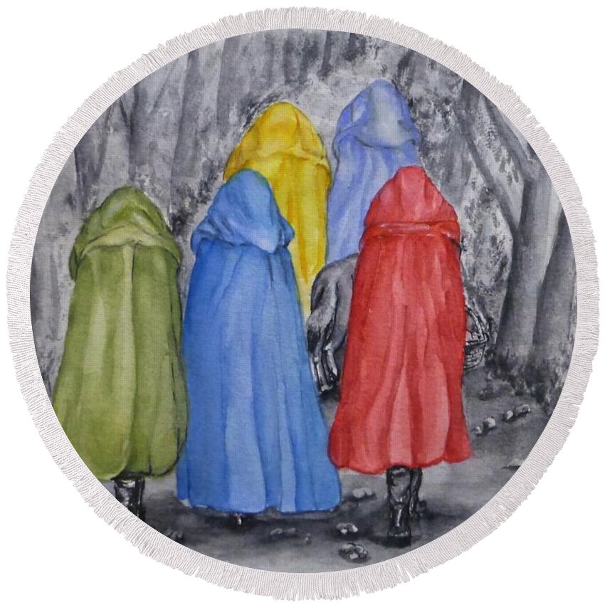 Red Riding Hood Round Beach Towel featuring the painting Red Riding Hood and Friends by Kelly Mills