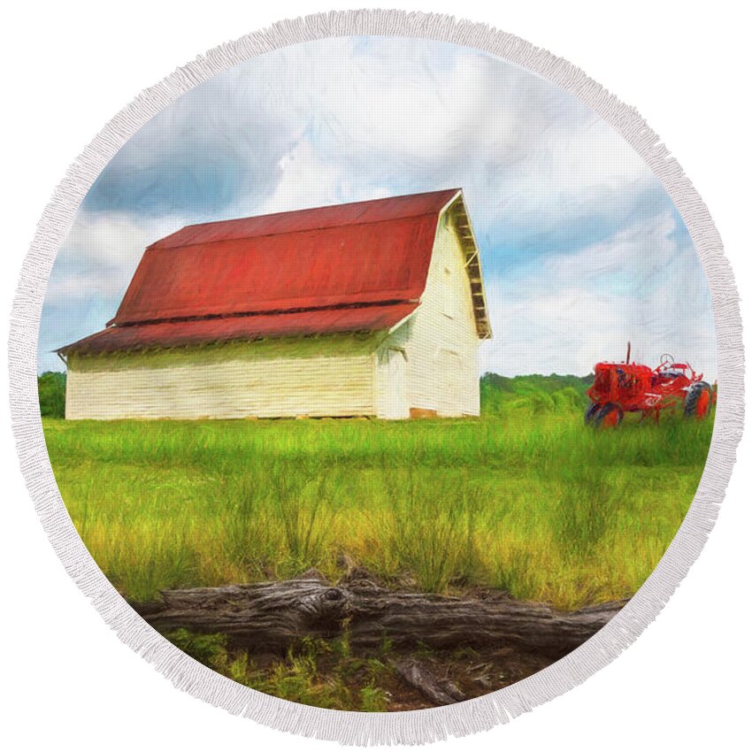 Tractor Round Beach Towel featuring the photograph Red Roof Barn and Red Tractor Painting by Debra and Dave Vanderlaan