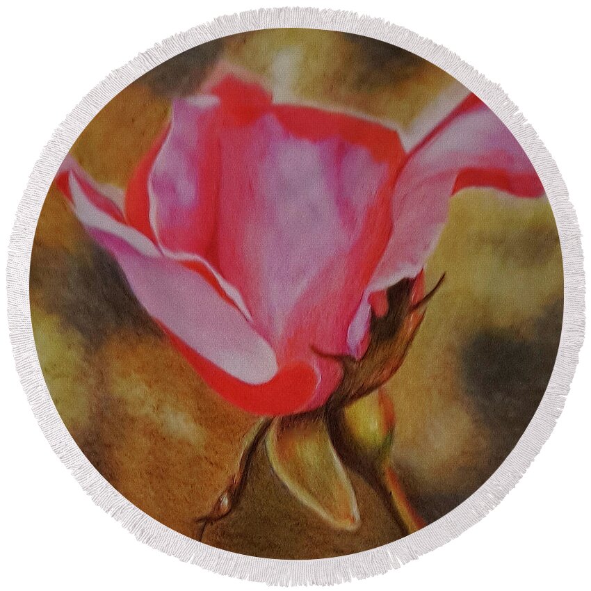 Flower Round Beach Towel featuring the drawing Red Rose Bud by Terri Mills