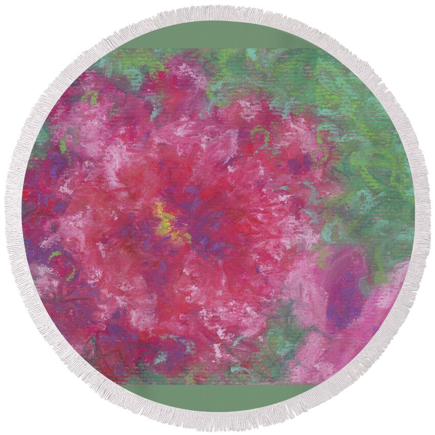 Roses Round Beach Towel featuring the pastel Red Roses at the Pond 1 by Anne Katzeff