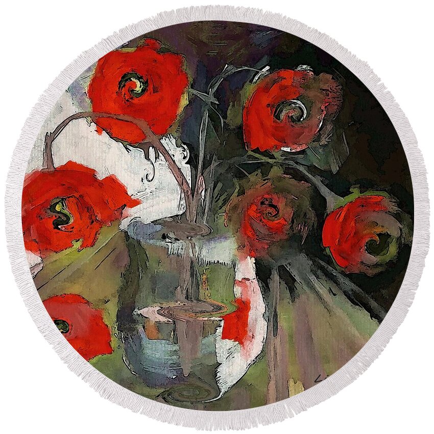 Red Round Beach Towel featuring the painting Red Roses In A Vase by Lisa Kaiser