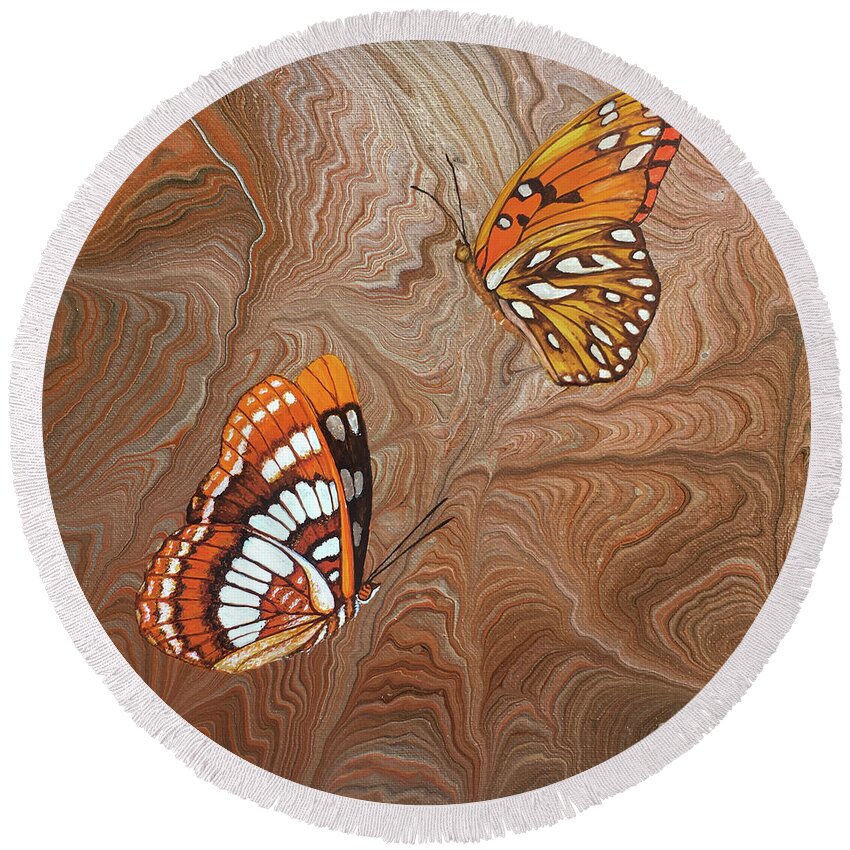 California Butterflies Round Beach Towel featuring the painting Red Sandstone and CA Butterflies by Lucy Arnold
