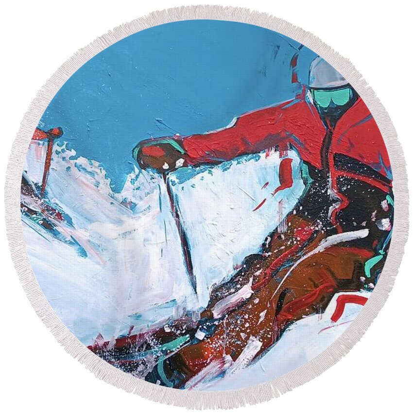 Skiing Round Beach Towel featuring the painting Red Ski by John Gholson