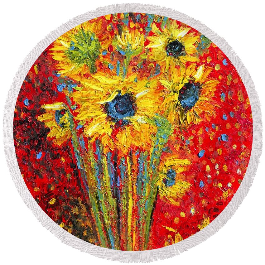  Round Beach Towel featuring the painting Red Sunflowers by Chiara Magni