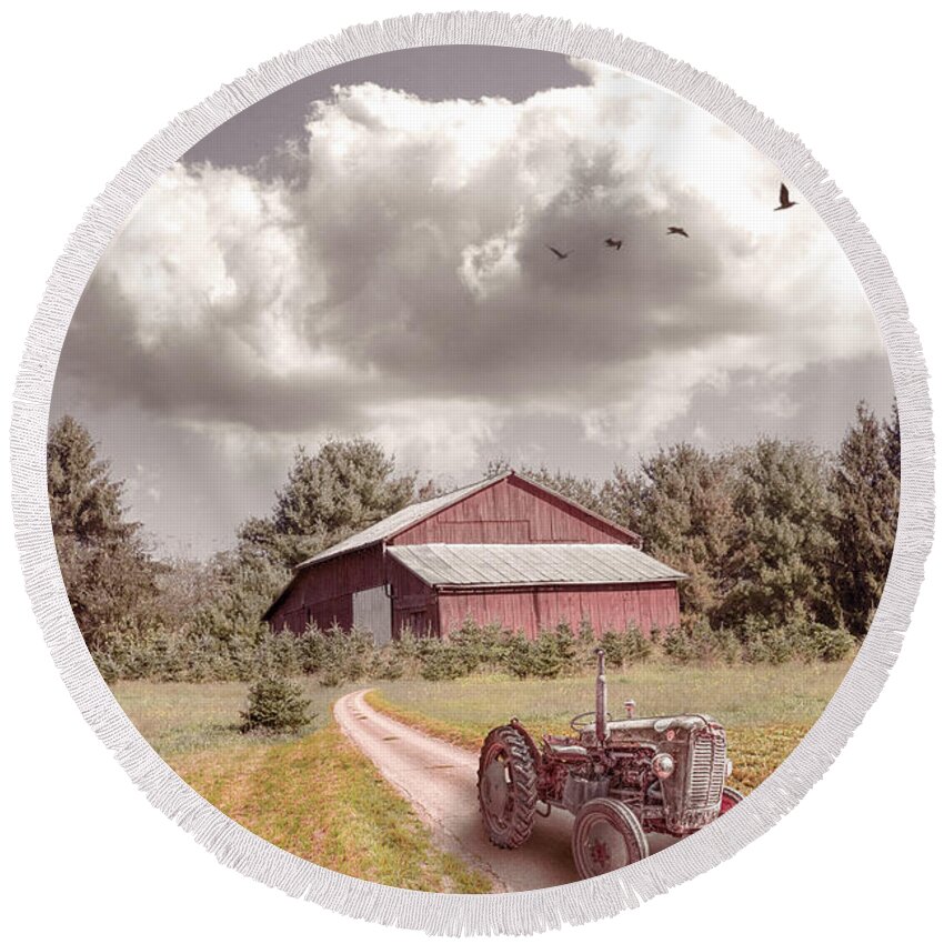 Barn Round Beach Towel featuring the photograph Red Tractor on the Farmhouse Trail by Debra and Dave Vanderlaan