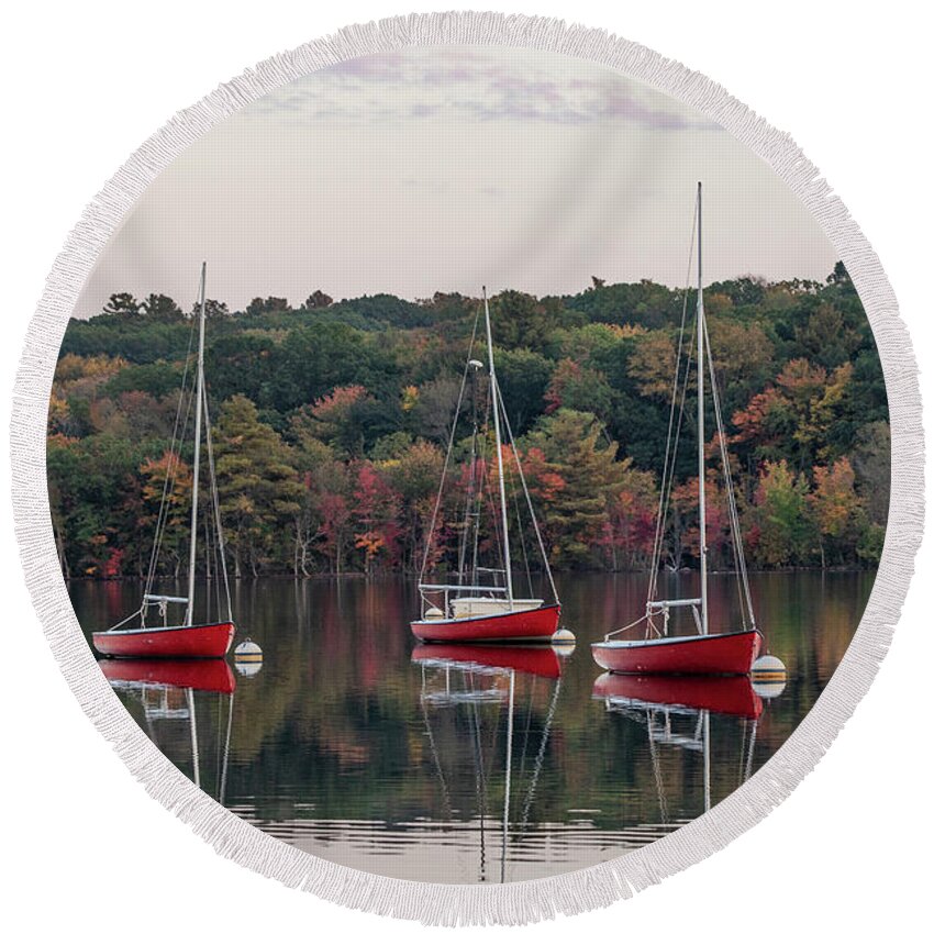 Boat Round Beach Towel featuring the photograph Red Trio at Dusk by Denise Kopko