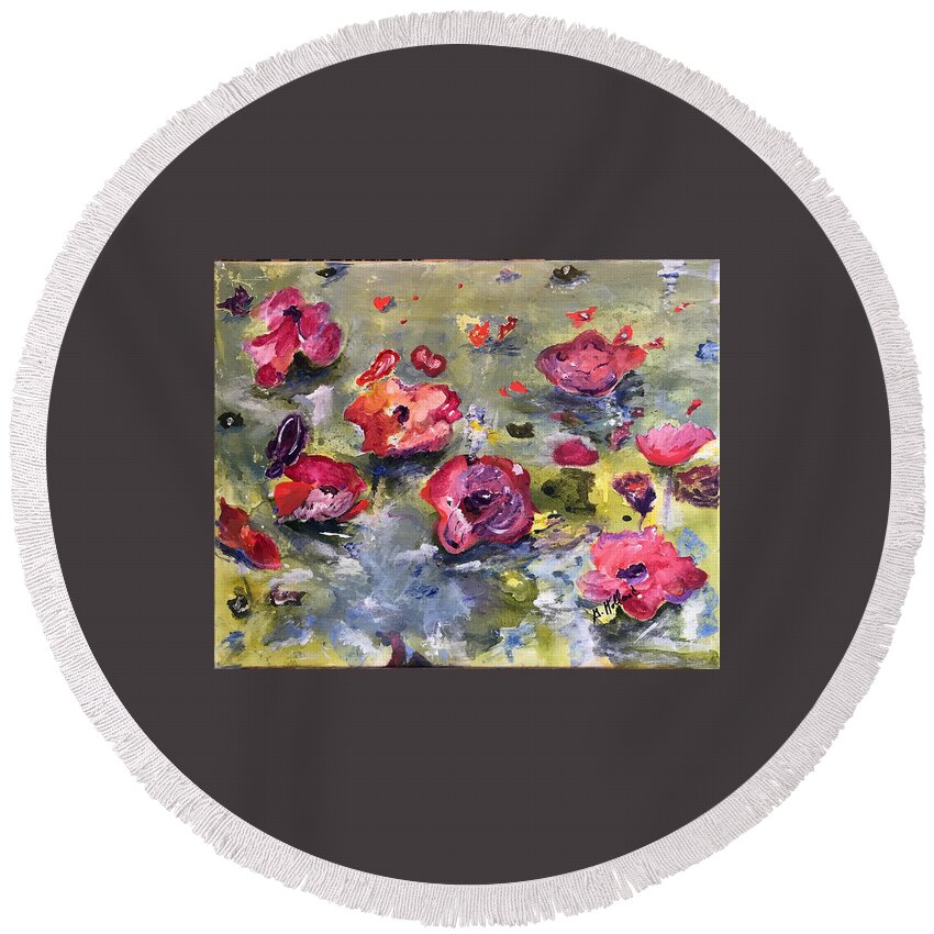 Water Lilly Round Beach Towel featuring the painting Floating Water Lillies by Genevieve Holland