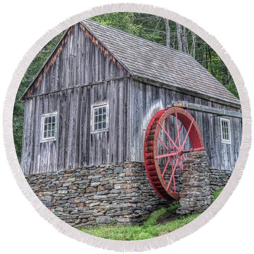 Americana Round Beach Towel featuring the photograph Red Waterwheel of Vermont by David Letts
