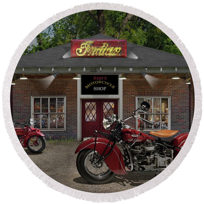 Indian Motorcycles Round Beach Towel featuring the photograph Reds Motorcycle Shop C by Mike McGlothlen