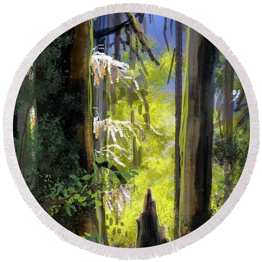 Redwoods Round Beach Towel featuring the digital art Redwoods by Don Morgan