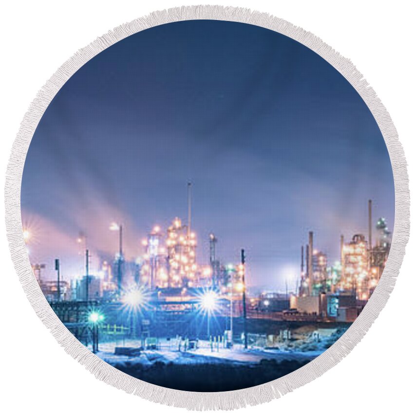 Refinery Round Beach Towel featuring the photograph Refinery at blue hour 2 by Stephen Holst