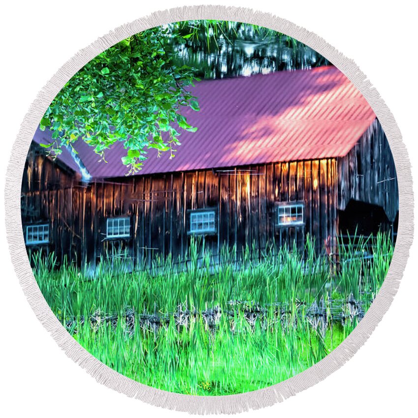 Barn Round Beach Towel featuring the photograph Reflecting on a Barn by Dan McGeorge