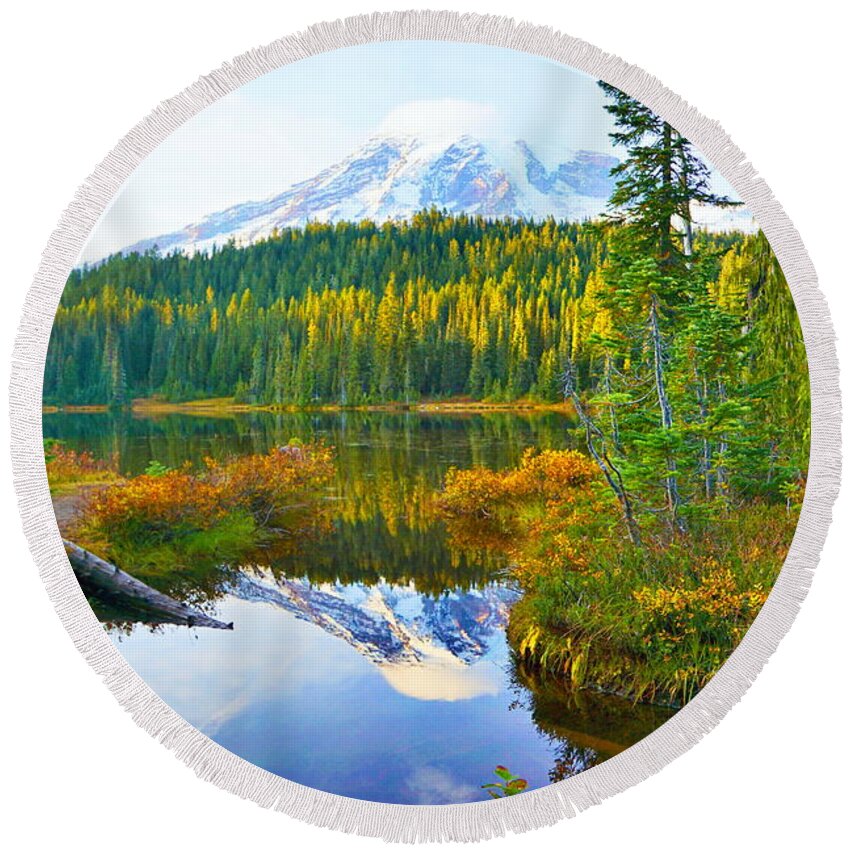 Landscape Round Beach Towel featuring the photograph Reflection Lake by Bill TALICH
