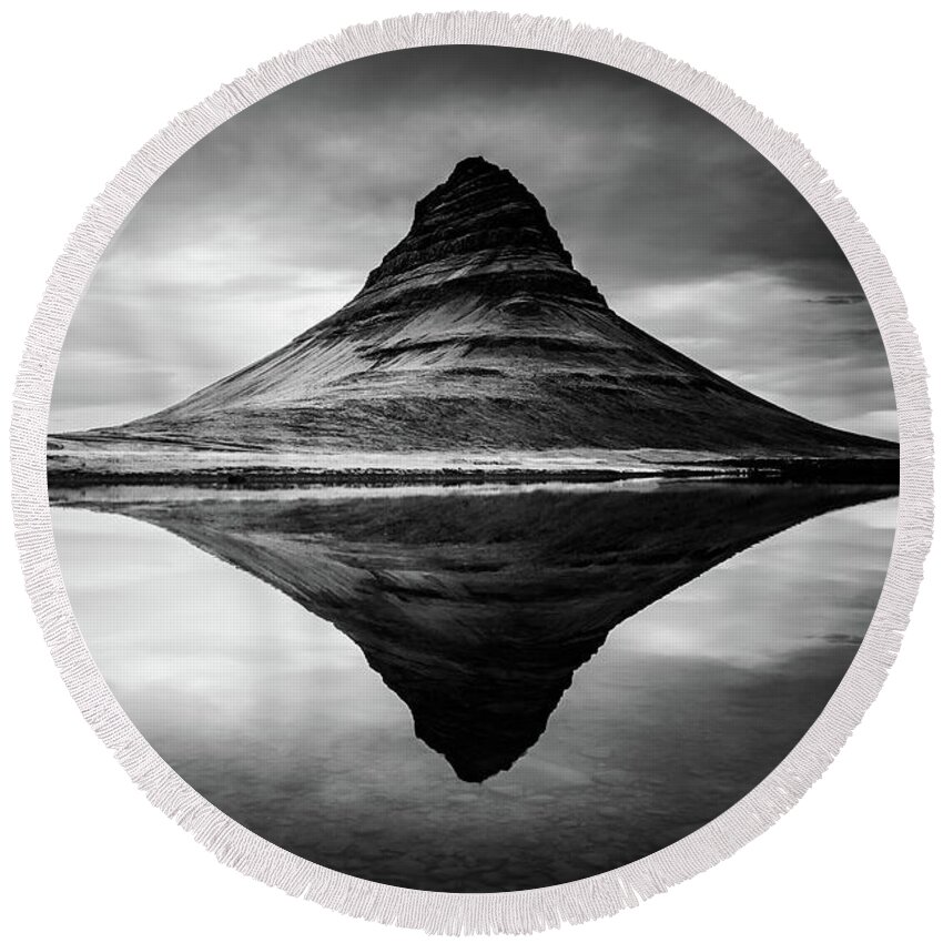 Kirkjufell Round Beach Towel featuring the photograph Reflection of Kirkjufell Mountain in Iceland in Black and White by Alexios Ntounas