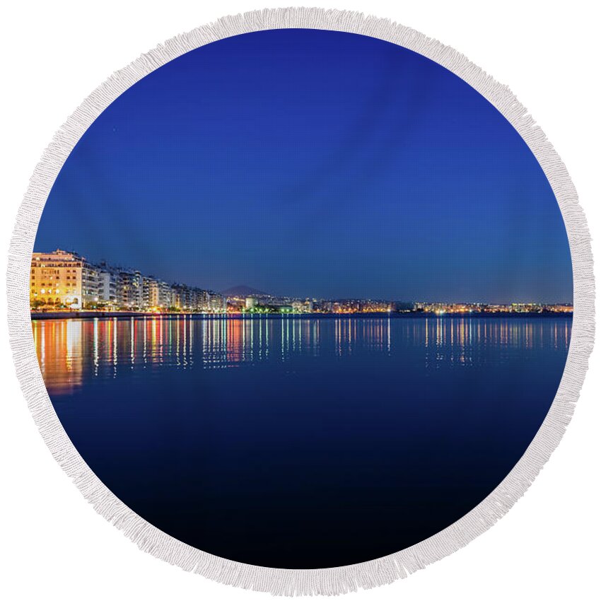 Thessaloniki Round Beach Towel featuring the photograph Reflection of Thessaloniki city centre by Alexios Ntounas