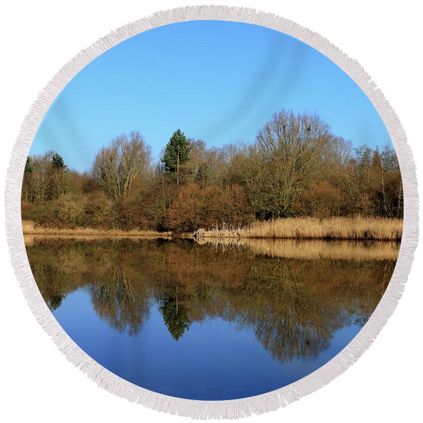 Water Round Beach Towel featuring the photograph Reflection on Mill Pool by Stephen Melia