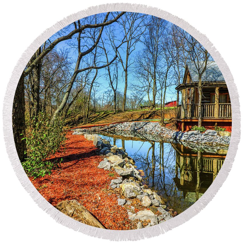 Reflection Round Beach Towel featuring the photograph Reflections at the Cabin by Shelia Hunt