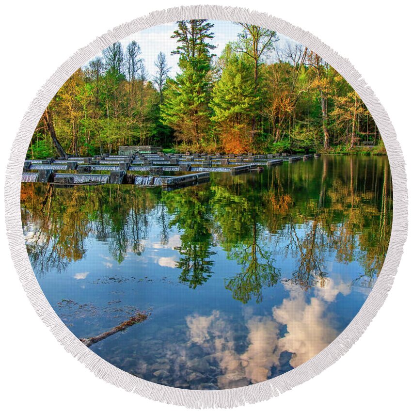 South Holston Round Beach Towel featuring the photograph Reflections at the Weir by Shelia Hunt