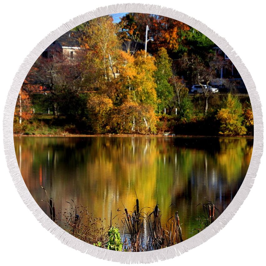 Lake Round Beach Towel featuring the photograph Reflections in Lake Quanapowitt by Lennie Malvone