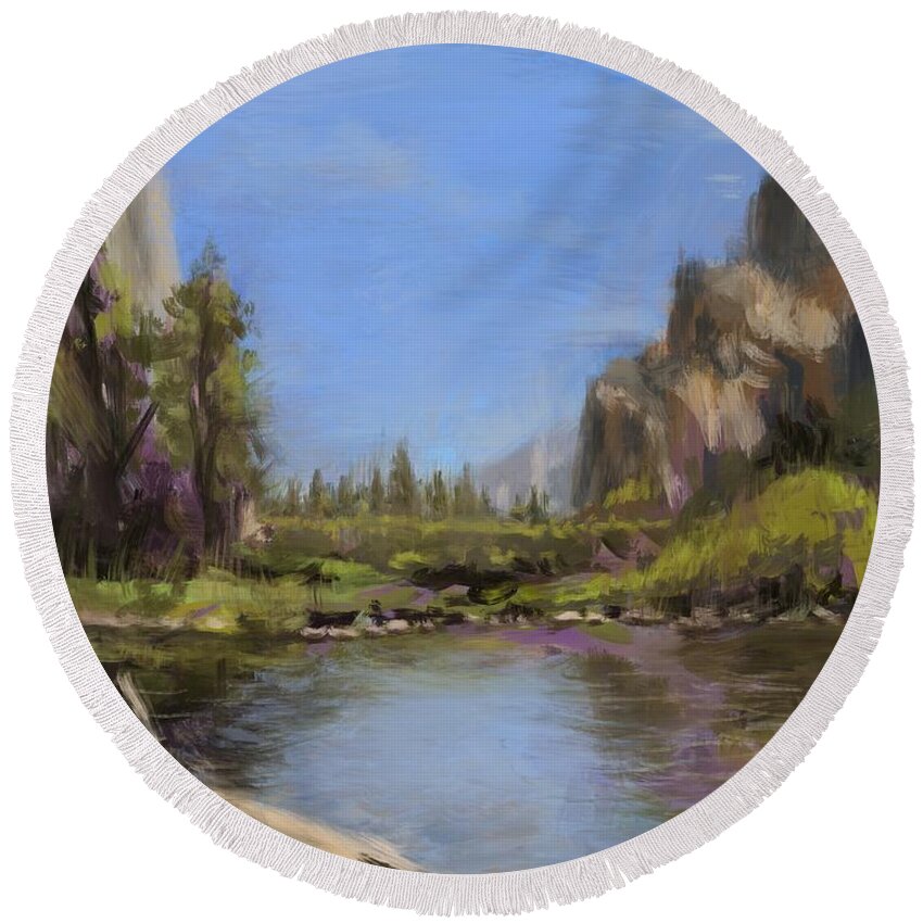 Landscape Round Beach Towel featuring the painting Reflections by Larry Whitler