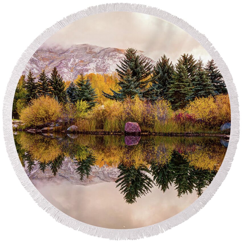 America Round Beach Towel featuring the photograph Reflective Morning - Aspen Colorado by Gregory Ballos