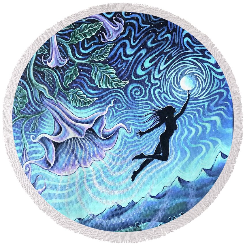 Psychedelic Round Beach Towel featuring the painting Reina de la Noche by Jim Figora