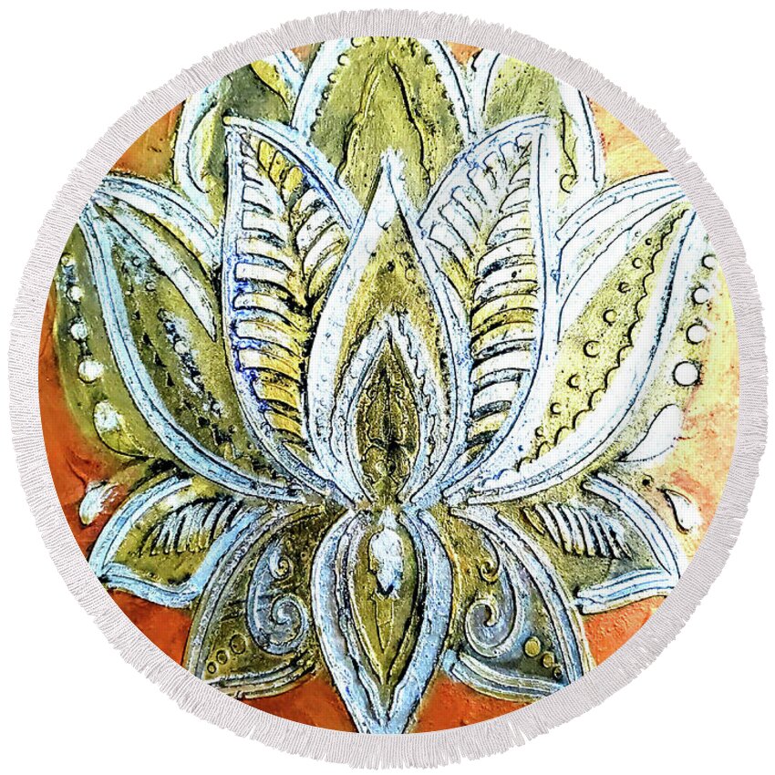 Gold Round Beach Towel featuring the painting Relic by Karen Lillard