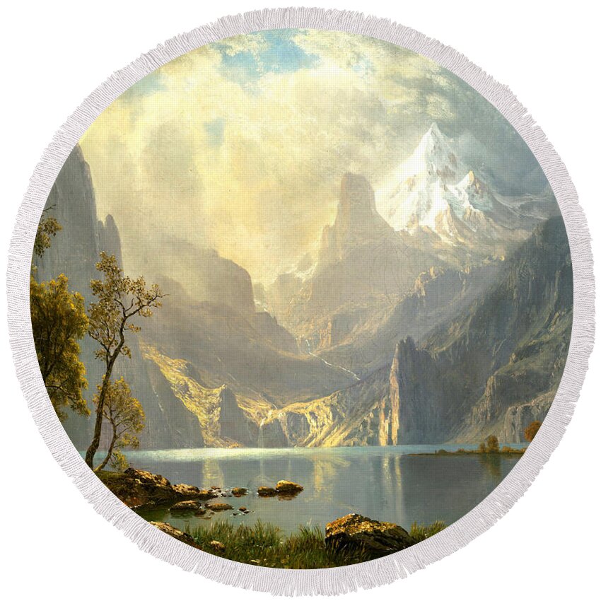 Wingsdomain Round Beach Towel featuring the painting Remastered Art Lake Tahoe by Albert Bierstadt 20220405a by Albert-Bierstadt