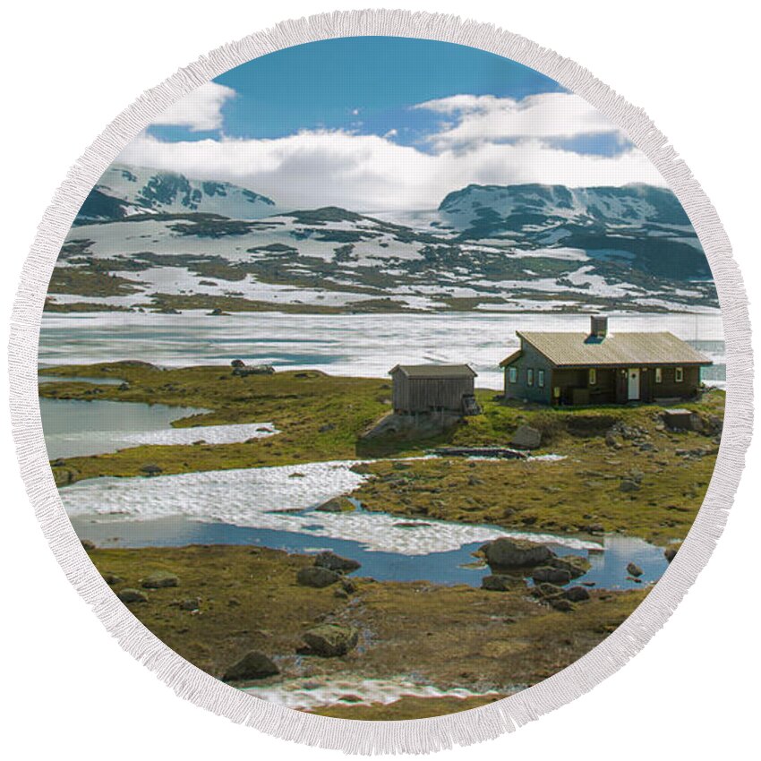 Blue Sky Round Beach Towel featuring the photograph Remote Cabin in Norway by Matthew DeGrushe