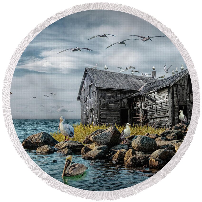Gull Round Beach Towel featuring the photograph Rendezvous at the Old House by Randall Nyhof
