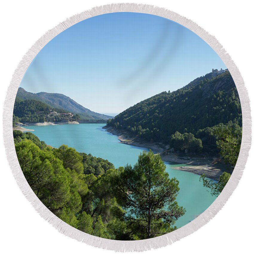 Lake Round Beach Towel featuring the photograph Reservoir and castle of Guadalest by Adriana Mueller