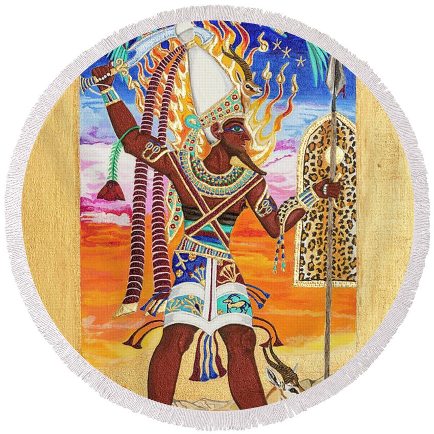 Reshpu Round Beach Towel featuring the mixed media Reshpu Lord of Might by Ptahmassu Nofra-Uaa