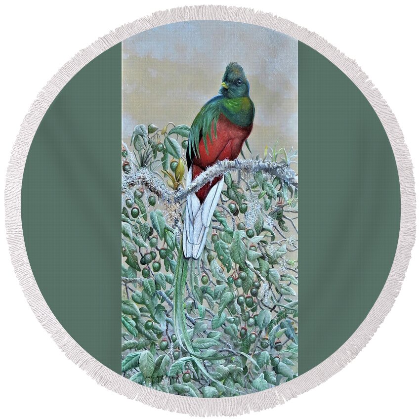 Barry Kent Mackay Round Beach Towel featuring the painting Resplendent Quetzal by Barry Kent MacKay