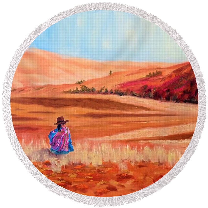 Landfield Round Beach Towel featuring the painting Rest for a While by Ningning Li
