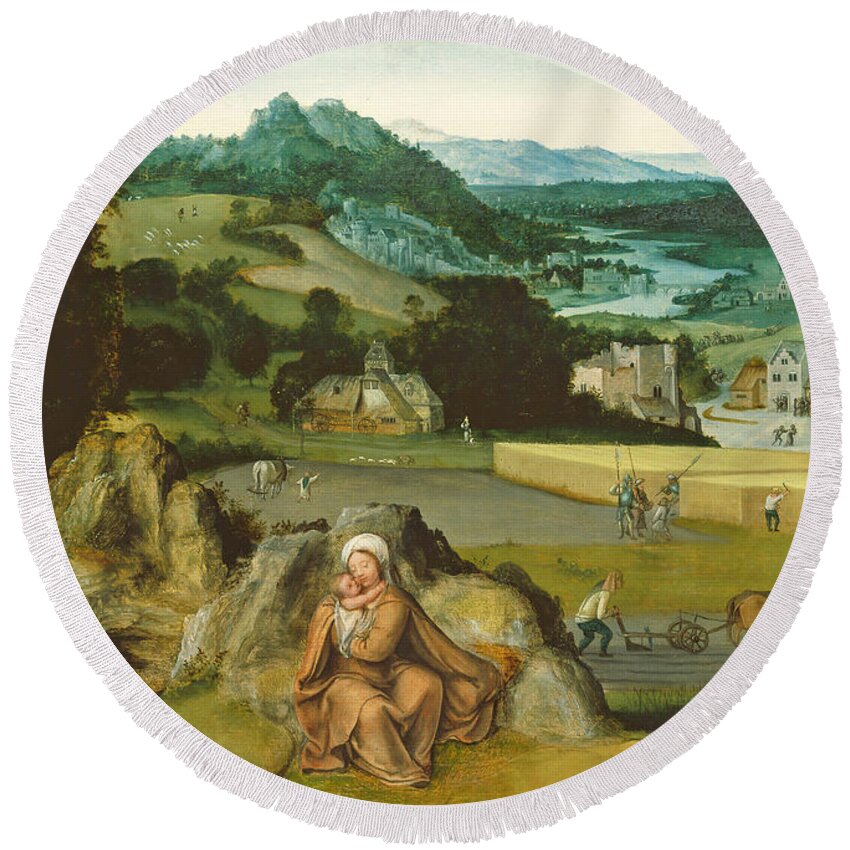 Joachim Patinir Round Beach Towel featuring the painting Rest on the Flight into Egypt and the Miraculous Field of Wheat by Joachim Patinir