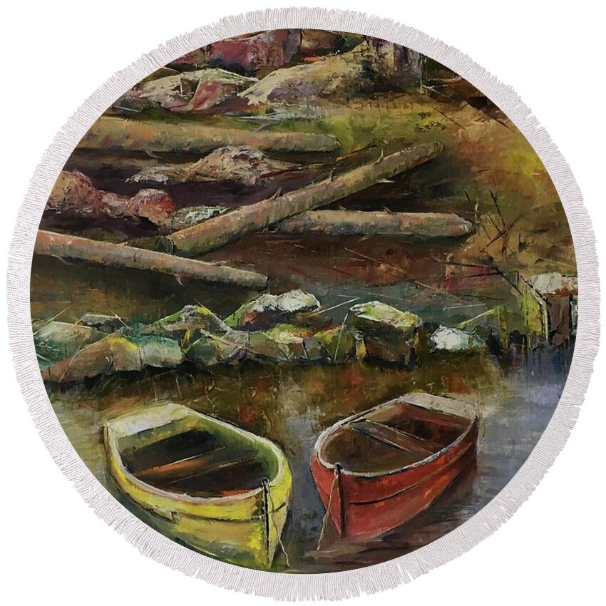 Landscape Round Beach Towel featuring the painting Resting afternoon by Maria Karlosak