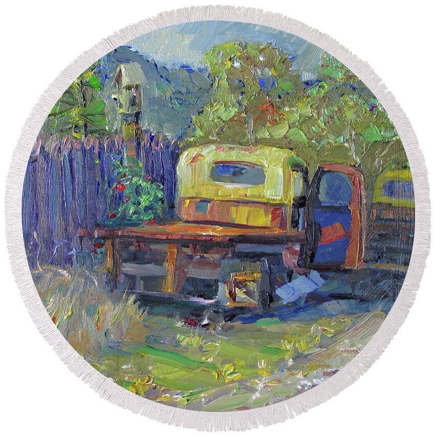 Antique Truck Round Beach Towel featuring the painting Retired by John McCormick