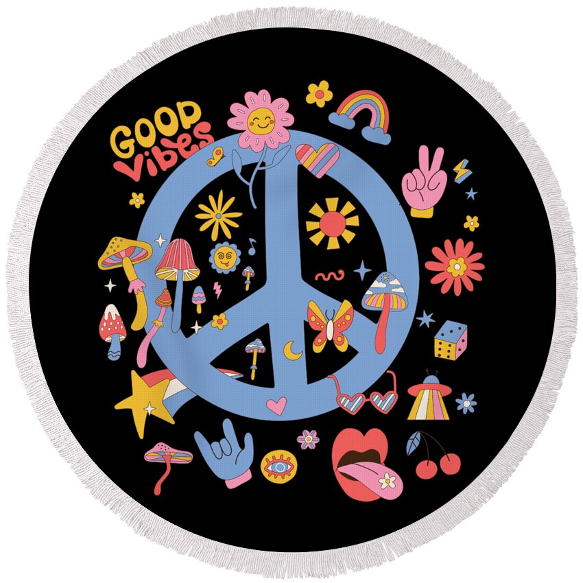 60s Round Beach Towel featuring the digital art Retro Boho Peace Sign by Flippin Sweet Gear
